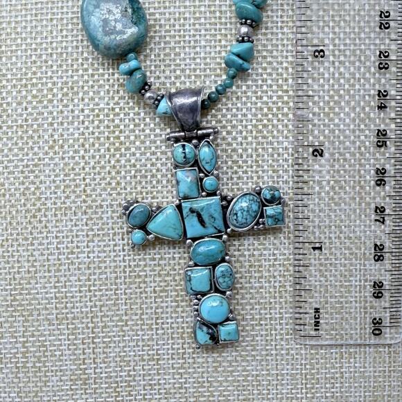 Vintage Blue Green Turquoise Sterling Silver Cross Pendant and Necklace 81 grams - Picture 10 of 11